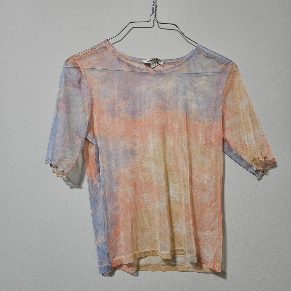 American Eagle Sheer Mesh Tie Dye Top Pastel Lettuce‎ Edge Short Sleeve Small